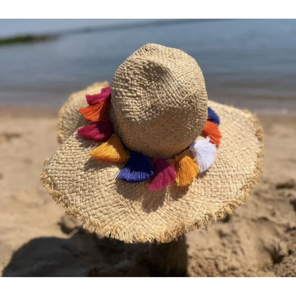 EUC Kate Spade Raffia Wide Brim Hat Tassels Colorful Straw Resort Cruise Beach